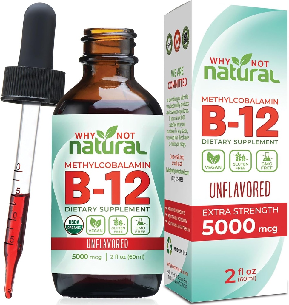 Zakaj ne naravni organski vitamin B12 Tekoča - Podjezična ekstra moč 60 x 5000 mcg Metilkobalamin kapljice, Vegan, čim bolj povečati absorpcijo in energijo