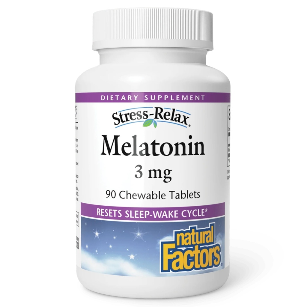 Stres-Relax Melatonin 3 mg z naravnimi dejavniki, naravni spanec pomoč, Ponastavi cikel spanja-Wake, 90 žvečljivih tablet (90 obrokov), Peppermint Flavor