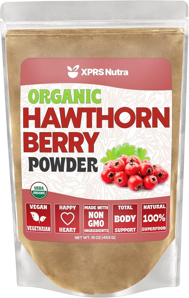 XPRS Nutra Organic Hawthorn Berry Powder - Premium USDA Organic Hawthorne Berry Powder za kardiovaskularno podporo - Vegansko prijazno Hearth dodatek (16 Ounce)