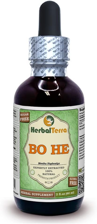 Bo He (Mentha halpocalyx) Glicerit, posušen zeliščni tekoči ekstrakt brez alkohola (Brand Name: HerbalTerra, Proudly Made in USA) 2 fl.oz (60 ml)