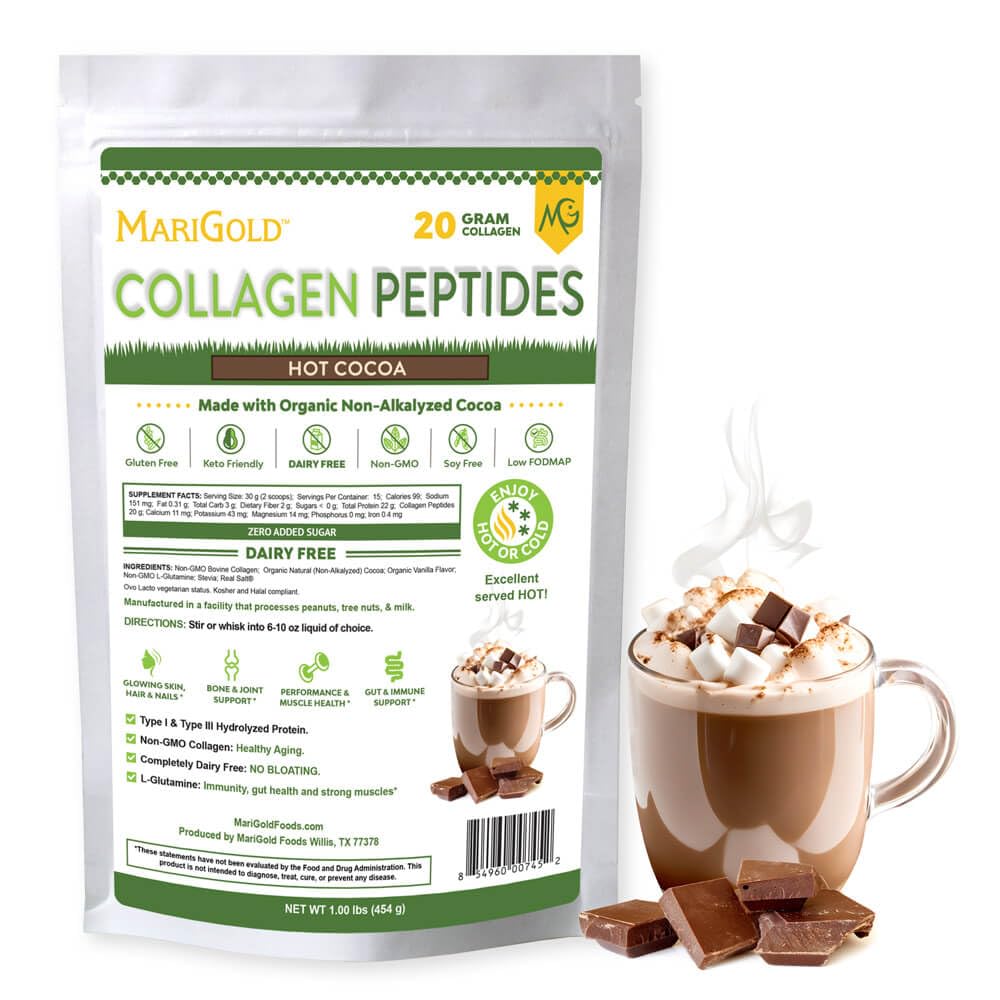 Kolagenski peptidi, ki jih hrani MariGold, v prahu vroč kakav 1LB - 100% čist, goveji hidroliziran kolagen tipa I in III, ne-GMO, brez hormona, brez soje, brez glutena, brez mleka, keto-prijateljski