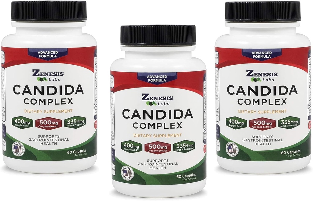 Zenesis Labs Candida Complex Cleanse Detox Caprylic Acid dodatek, Origano Extract, probiotiki, encimi - razsute 180 Kapsule, 90 dni dobave (60 kapsul/steklenica)
