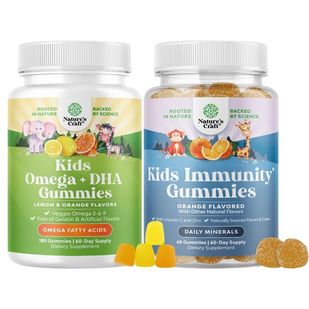 Sveženj Omega DHA Gumies za otroke - Maščobne kisline Omega 3 6 9 z vitaminom C za možgane, imuniteto in vid in otroci Podpora imunitete Gumies - Okusen vitamin C z cinkom in Echinacea Imune Booster