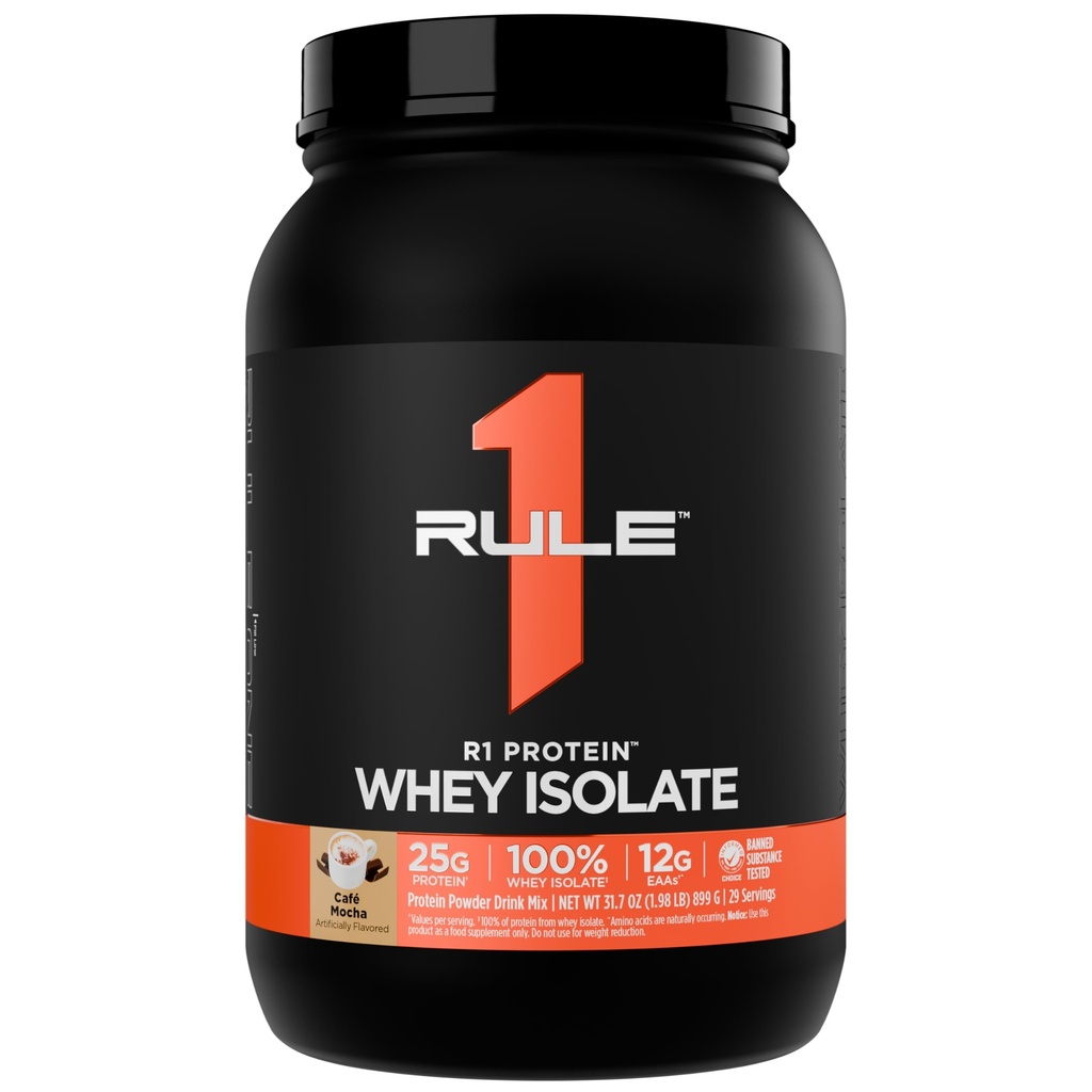Pravilo 1 R1 beljakovine Izolat sirotke s 25 g beljakovin in 6 g BCAA izključno iz izoliranih in hidroliziranih virov za regeneracijo vadbe (2 funta*, kavarna Mocha)