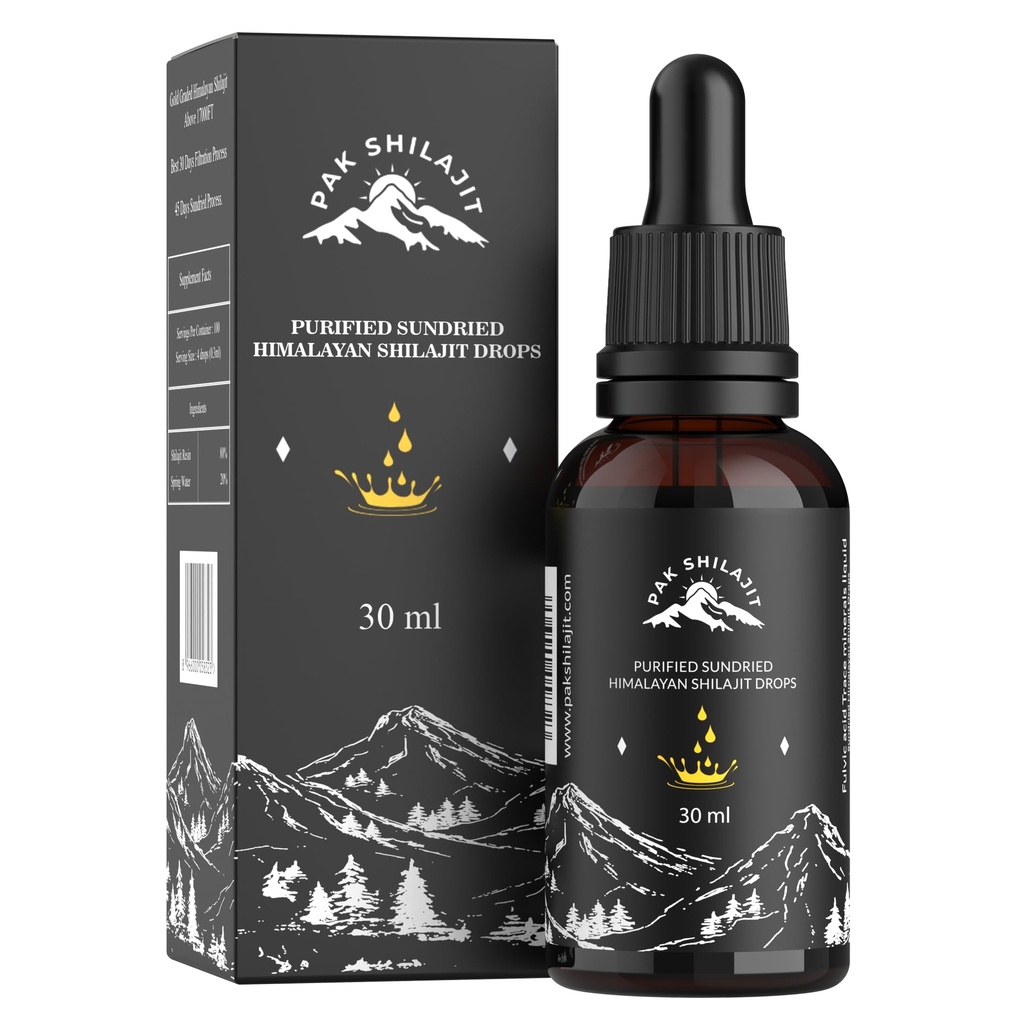 PakShilajit® Sun Posušen himalajski Shilajit Tekoče kapljice, Najbolj Premium & Organic Gold Graded Shilajit Kapljice nad 17000FT (30ML paket), Bogata s fulvično kislino Humična kislina Naravni dodatek