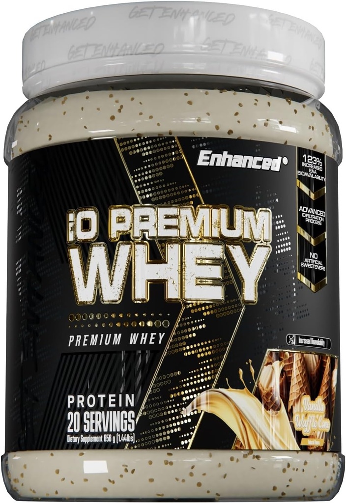 Izboljšani IO Premium Whey Protein v prahu, visoke vsebnosti beljakovin, boljše kot hidrolizat sirotke (20 servingov, Vanilla Waffle Cone)