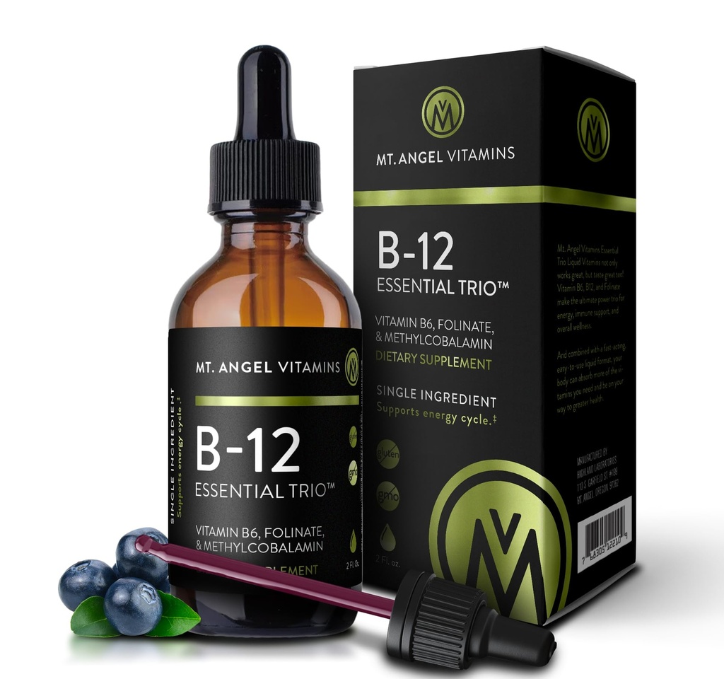 Mt. Angel Vitamini - B12 Essential Trio - Veganske podjezične kapljice z visoko potencijsko metil B12, B6 & Folat - enostavna absorpcijska tekočina - Ne-GMO, Izdelano v ZDA