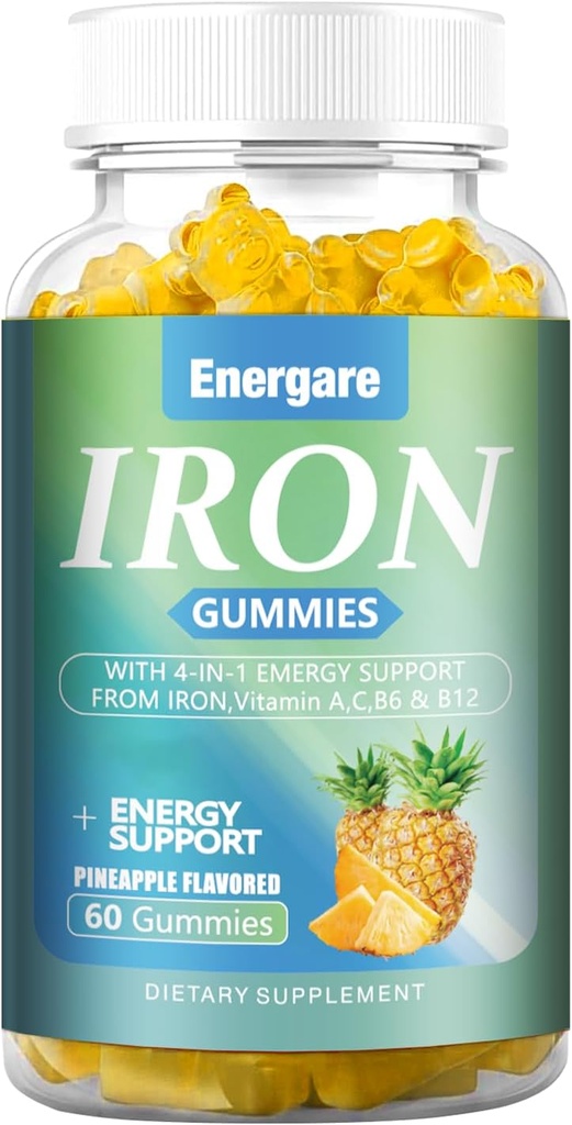 1 Pack 100Mg železa dodatek Gumies za ženske in moške - vitamin A, C, B - energijska podpora za pomanjkanje železa, anemija, odrasli & otroci, Ananasov okus Gummy, 60 grofov