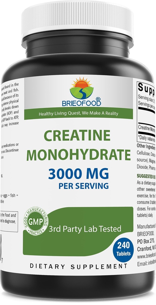 Brieofood tablete Kreatin 3000 mg na obrok - 240 tablete - 3. stranka laboratorij preizkušen za čistost in kakovost - pomaga izboljšati atletske zmogljivosti