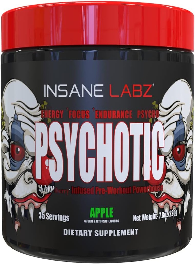 Insane Labz Psihotik, visoko stimulant pred vadbo prahu, ekstremna trajna energija, fokus in vzdržljivost z beta alanin, Kreatin monohidrat DMAE, 35 Srvgs (Apple)