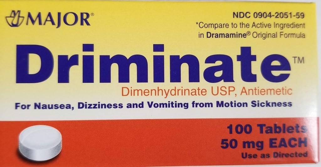 Glavni Driminat® Dimenhidrinat 50 mg 100 Ct za slabost, omotico in bruhanje zaradi slabosti zaradi gibanja