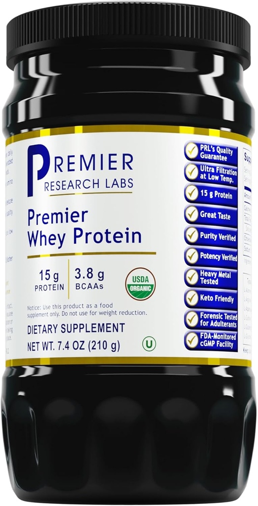 Premier Research Labs Whey Protein - Nearomated Premier Whey Protein Powder, Organic Whey Protein Concentrat, Keto Prijazno, Ready meša s pijačami, nizko toplotno filtrirana - 7.4 Oz