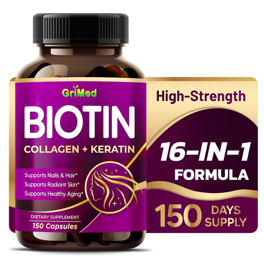 Grimed BIOTIN z Kolagen + Keratin 7,275mg Močni nohti & lasje, Radiant kože, zdravo staranje- ZDA Made & Tested (150 Count (Pack of 1))