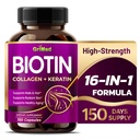 Grimed BIOTIN z Kolagen + Keratin 7,275mg Močni nohti & lasje, Radiant kože, zdravo staranje- ZDA Made & Tested (150 Count (Pack of 1))