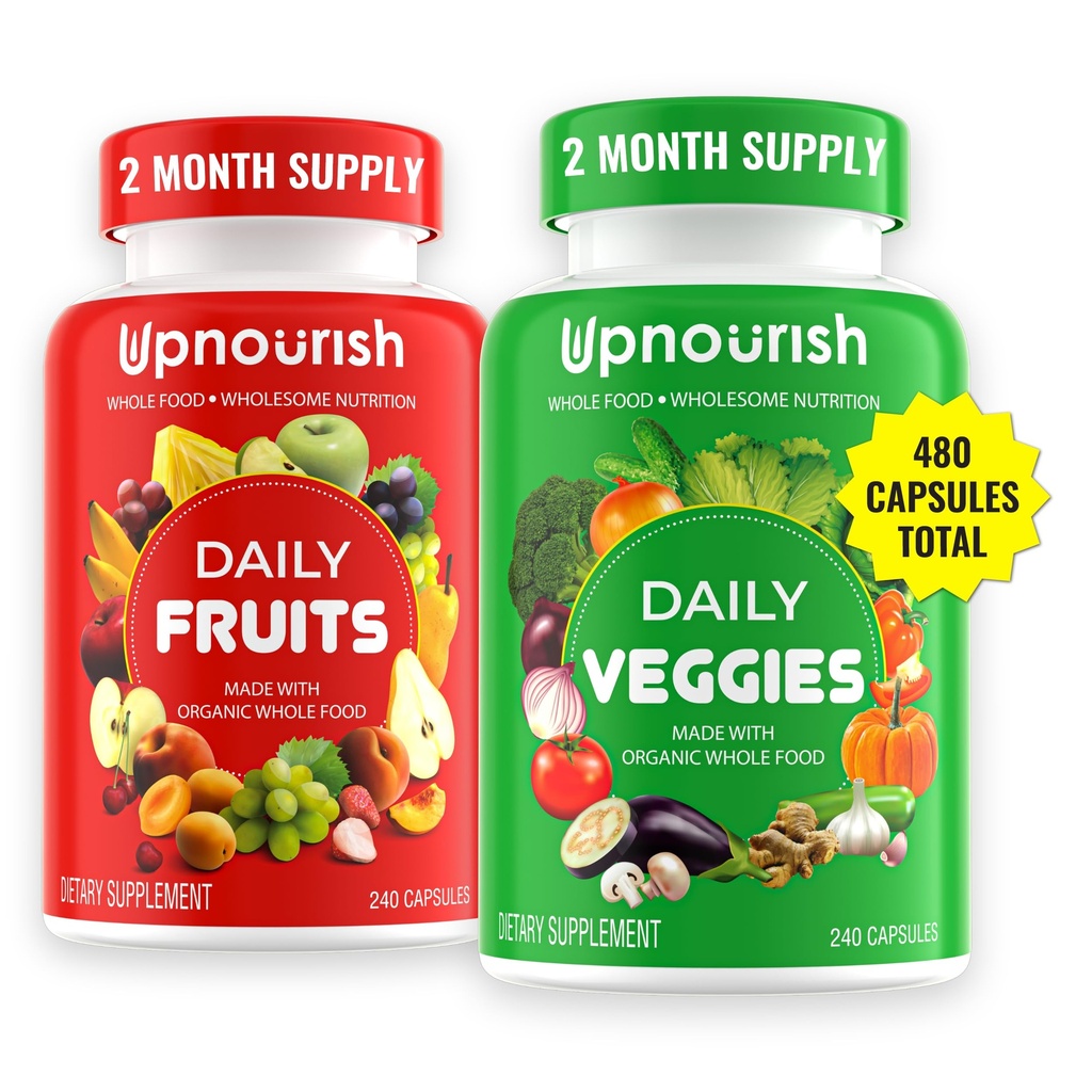UpNeurish Organic Fruits and Veggies Supplement - podpora diet balance, čiščenje telesa in energija - 480 Sadje in super zeleni Kapsule iz narave - Sadje in zelenjava dopolnila za odrasle in otroke