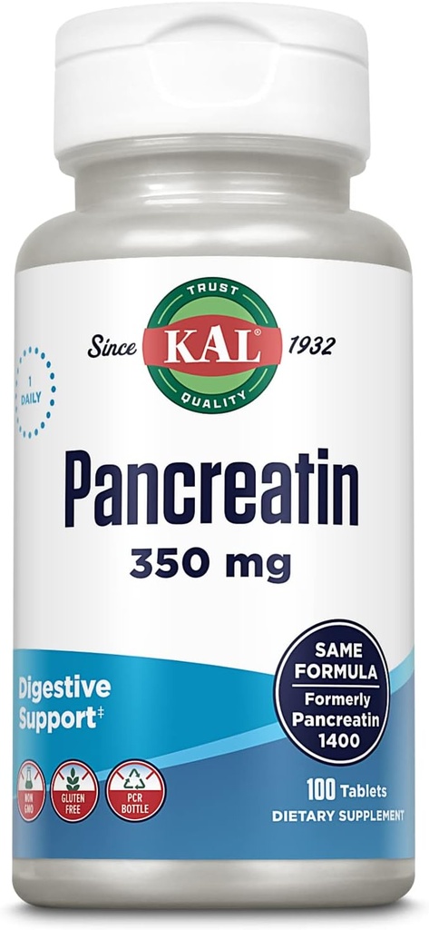 KAL Pancreatin 350mg, Prebavne encime za ženske in moške, encimi trebušne slinavke za digestivno zdravstveno podporo, Gluten Free, Non-GMO, Hitra disintegracija, 60-dnevna garancija, 100 Serving, 100 tablet