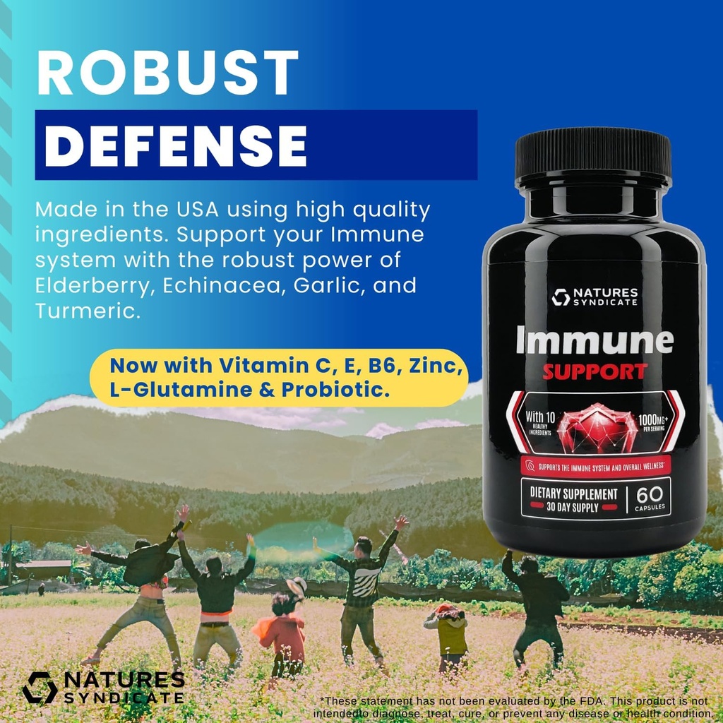 Imunska podpora - 10-v-1 z Echinacea, Elderberry, Česen, Kurkuma z cinkom, Vitamin C, E, B6 & L-glutamin, 4.8 milijarda CFU probiotika za odrasle