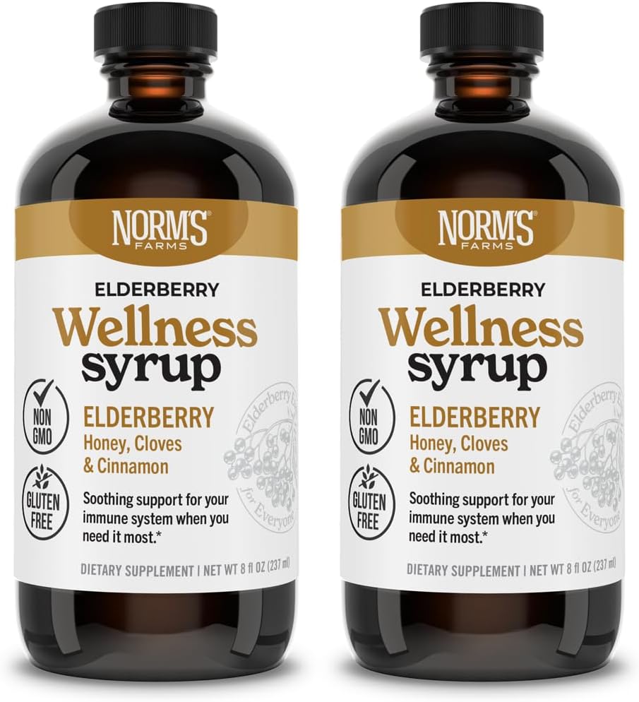 Norm's Farms Wellness Black Elderberry Syrup z medom, cimetom in klinčki - Izdelano v ZDA, Naravna Imunska podpora, Brez alkohola ali polnila, Gluten-free, Non-GMO, Vegan, Pure Elderberry Syrup - 2PK 8 Oz