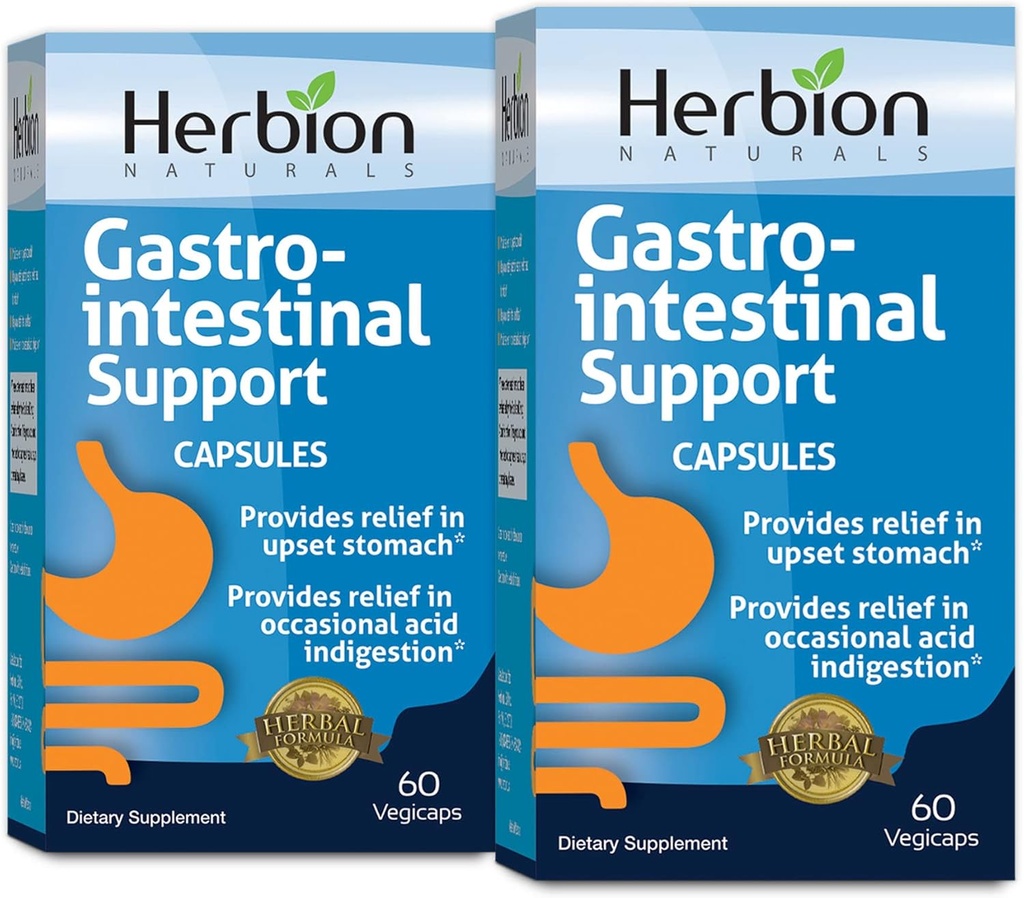 HERBION Naturals Gastro-intestinalna podpora Zeliščna mešanica za razjedeno želodčno olajšanje, gastrointestinalno zdravje in delovanje, občasno kisle prebavne motnje, zdravo črevesno floro, 60 Vegikapov - pakiranje po 2