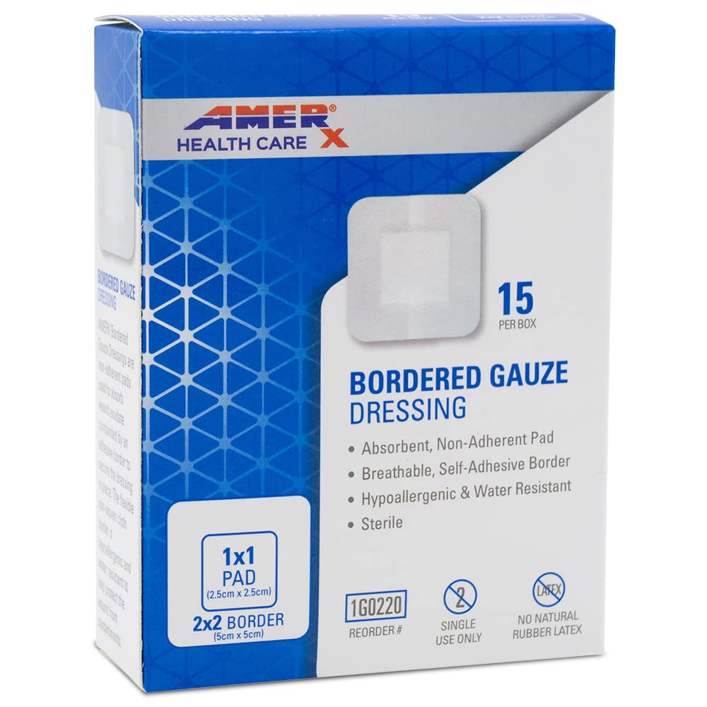 2" x 2" Obleka (1x1 Pad) AMERX Obmejen Gaze - Lepljivi pasovi - vodoodporna pregrada - self adhezivni rob - dihalno, hipoalergeno - 15 Pads na škatlo