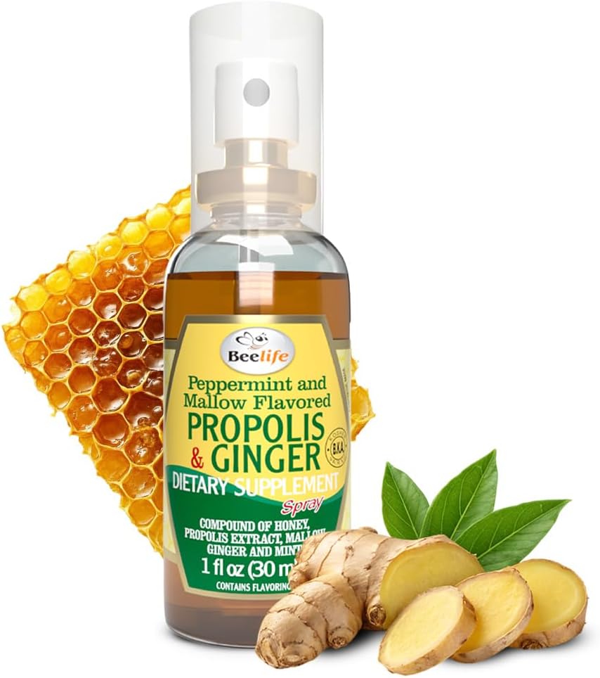 Beelife Propolis Pršilo za grlo – Pomirjujoče Med & Ginger Propolis - Naravna Imunska podpora & Relief za grlo, Antioksidanti, bogata z aromanoidi & Artepillin C, Brez sladkorja, Gluten-free - 1-Pack, 30ml
