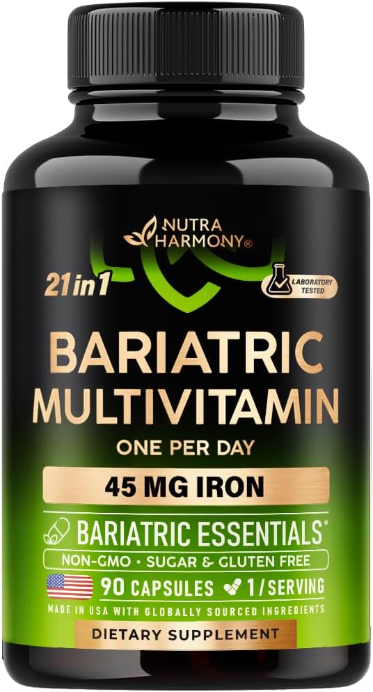 NUTRAHARMONY Bariatrični multivitaminski - 45 mg Dodatki železa - Izdelano v ZDA - za ženske in moške - All-in-One, 21 Essential Vitamins - Gastric Sleeve Support - Lahek tropski aroma - 90 kapsul
