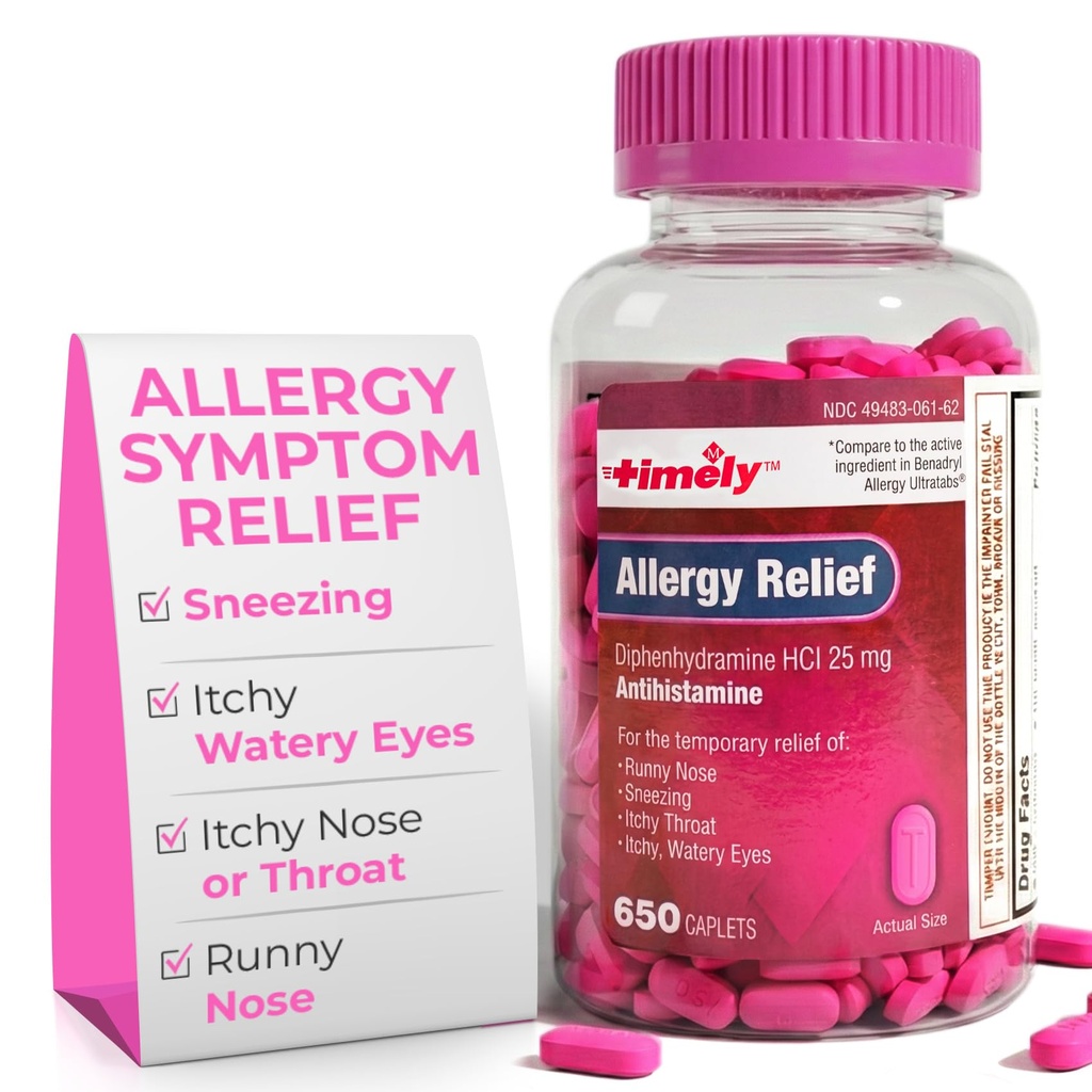 Pravočasna alergija Relief Difenhidramin HCl 25 mg - 650 Kapleti - v primerjavi z Benadryl Alergija Ultratab - Antihistaminik - Alergija Medication - Runny Nose Relief za odrasle - vodene oči zdravljenje