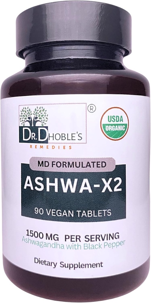 Ashwa X2, Md Formulirane Veganske tablete z naravnimi sestavinami in črnim poprom, ki povečujejo biorazpoložljivost, 1500mg, brez ekstrakta, USDA Organic