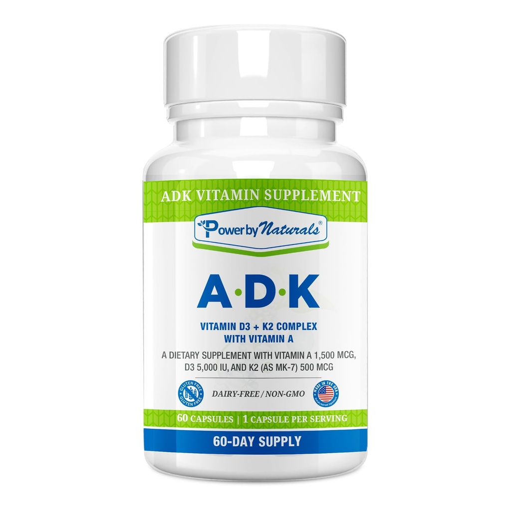 Power By Naturals ADK Vitamin Supplement – Vitamins A, D3 & K2 MK-7 for Bone Health & Calcium Absorption – Gluten-Free, Soy-Free – 60 Capsules (2-Month Supply)