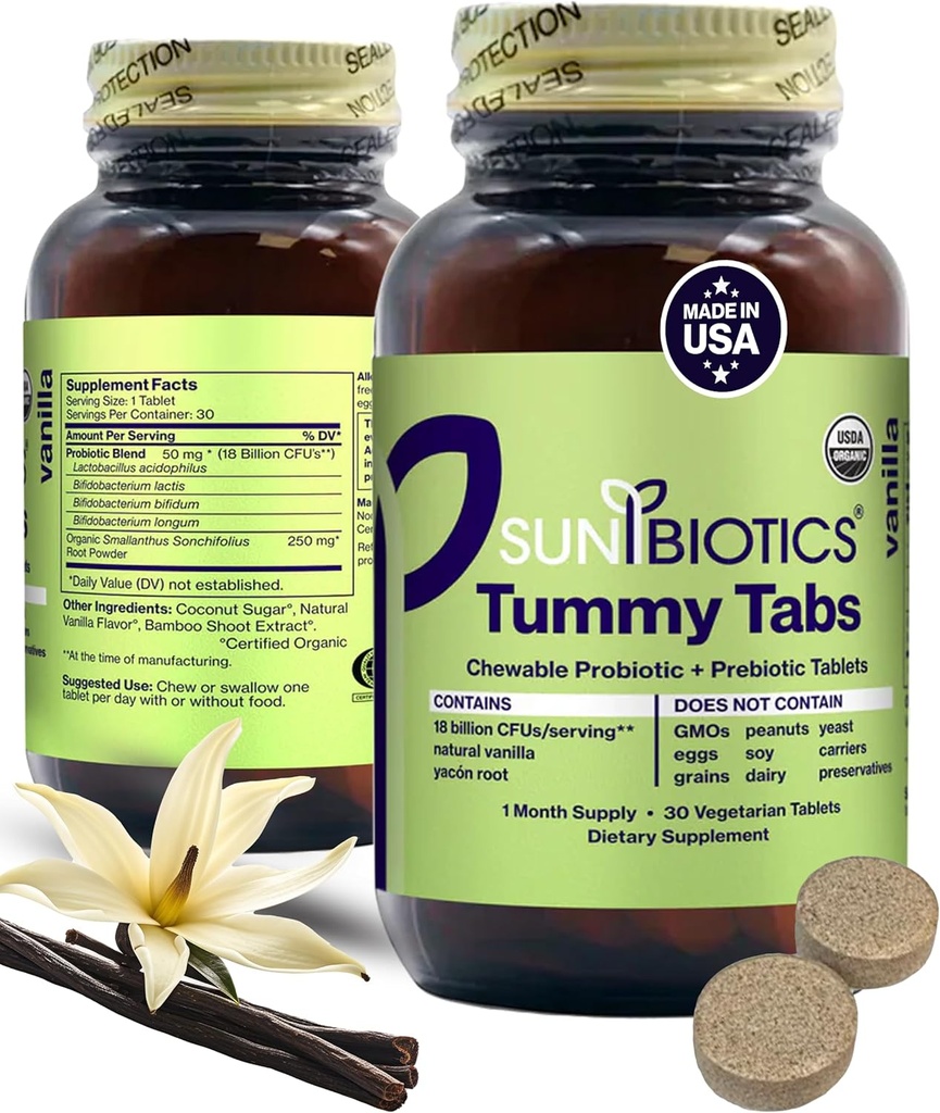 SUNBIOTICS Tummy Tabs - žvečljive probiotične in prebiotične tablete z 18 milijardami CFU-jev 4 probiotičnih sevi za dobro gut Floro, imunski sistem, in uravnotežen mikrobiom - Vanilla, (Pack of 1)