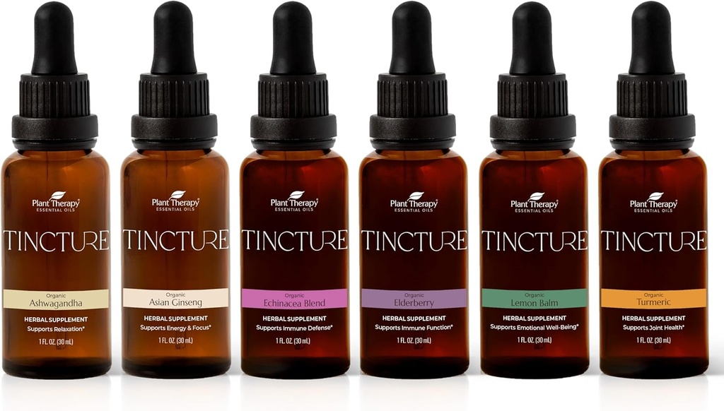 Rastlinska terapija Organic Tinktures Začetnik Set 30 ml Vsak organski Ashwagandha, Asian Ginseng, Echinacea Mešanica, Bezgove jagode, Lemon Balm & Kurkurja