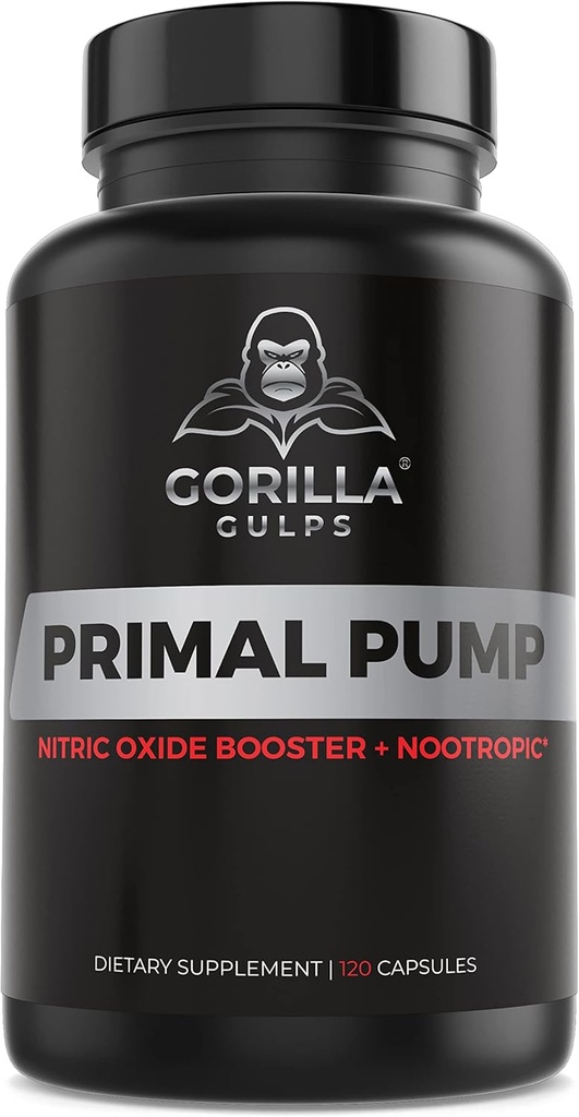 Gorila Gulps - Primal Pump dušikov oksid Dodatek Nootropic 1500mg Nitrosigin L Arginin & pesa Koren za rast mišic, črpalke, pretok krvi, energijo in fokus - Max Strength Pre Workout N.O. Booster
