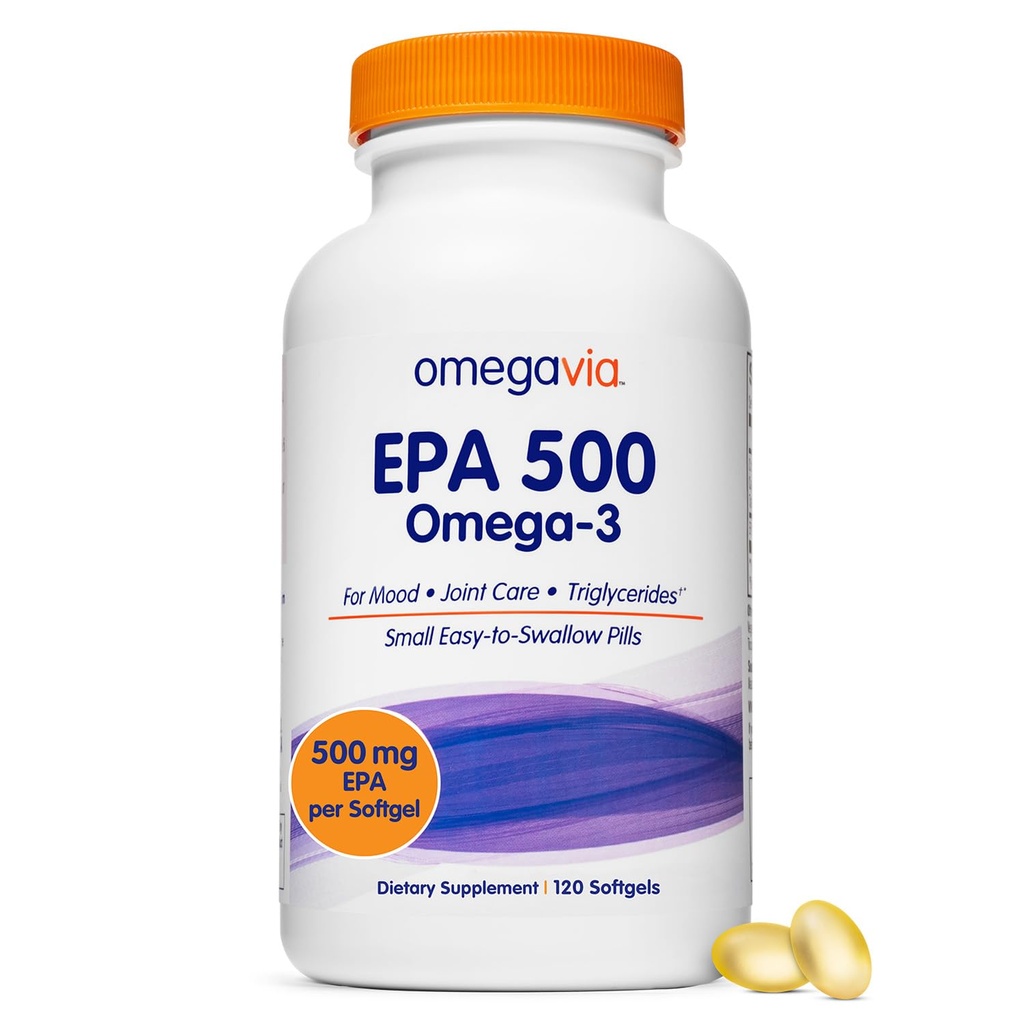 OmegaVia EPA 500, prečiščeno ribje olje Omega-3, 500 mg EPA v obliki triglicerida, ribje olje ne-GMO, Gluten-free, IFOS 5-Star, 120 Softgels