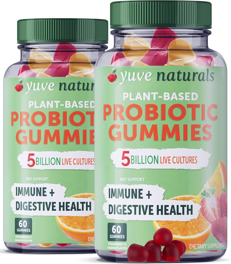 Yuve Vegan probiotične žvečilke, probiotiki za ženske in moške, sladkor in gluten-free Gummy probiotiki, digestivna in imunske podpore, 5 milijard CFU, pomaga z zaprtjem, Bloating & Leaky Gut - 60ct (2 paket)