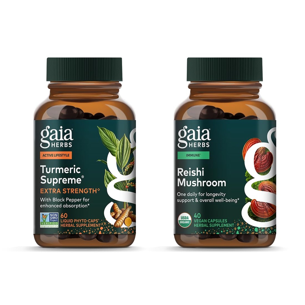 Gaia Herbs Turmeric Supreme Extra Jakost - 60 Vegan Liquid Phyto-Capsules & Reishi Goba - Imunski sistem & podpira zdravje srca - 40 Vegan Liquid Phyto-Capsules (2 paket)