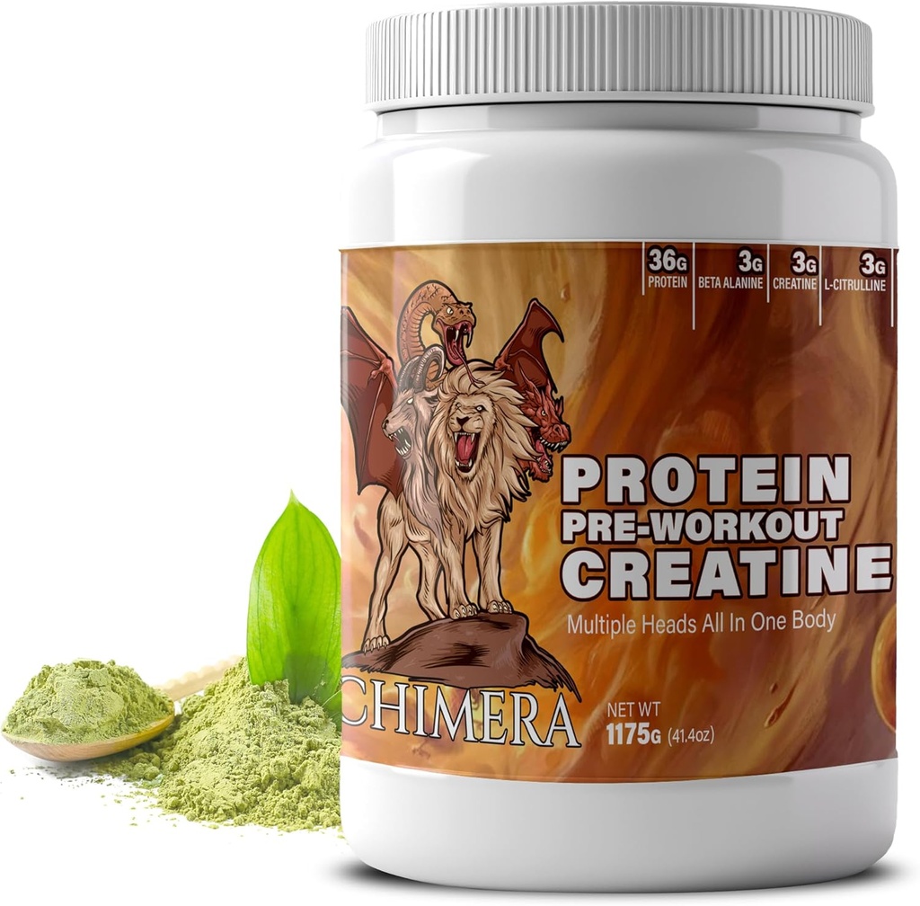 CHIMERA All-in-One Beljakovine in predworkout prašek - 36g proteini, 3g kreatin, ne-GMO, brez sladkorja, nizko natrij, naravni kofein iz Matcha, brez umetnih arom