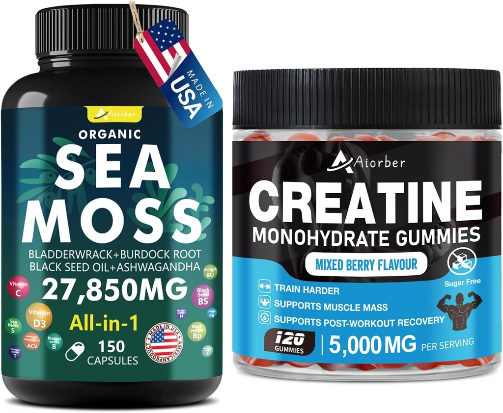 Sea Moss & Kreatin Monohidrat Gumies Bundle 270 Število – Organsko morje Moss Črno olje semena Aşhwagandha Ginger & Kreatin Monohidrat (2 pakiranje)