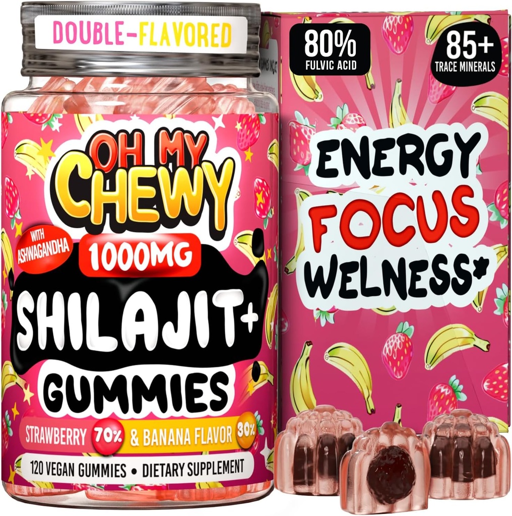 Čisti himalajski shilajit Gumies - visoka moč zlata stopnja Resin - energijska okrepitev in imunske podpore za moške in ženske z Ashwagandha in Shatavari - 120 Gummy - Jagoda in banana