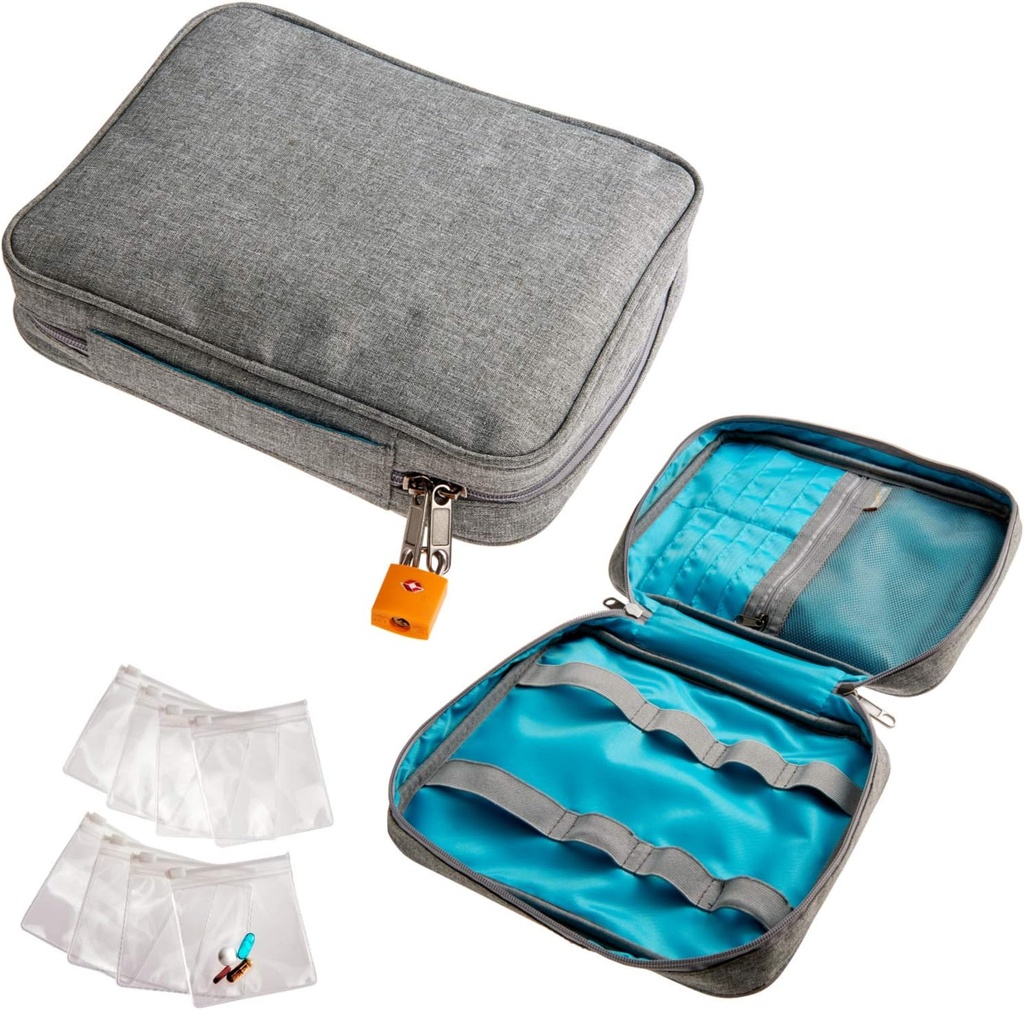 Gladka potovalna medicina Skladiščenje vrečka in zdravila Bottle Organizer - Slash-odporna Medical Travel Bag z pecivami za enkratno uporabo - Slim Design Fits in Carry-ons, Totes in Backpacks