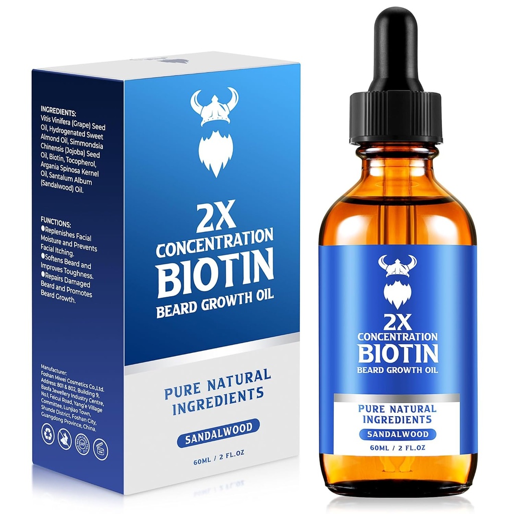 Bradavičasto olje za rast - 2X Koncentracija Biotin Beard olje za moške (2 oz) - Naravni moški Beard olje z arganovim oljem, Jojoba olje in vitamin, Bradavičarka Mehčalec rasti, Vlažilec (Sandalwood)