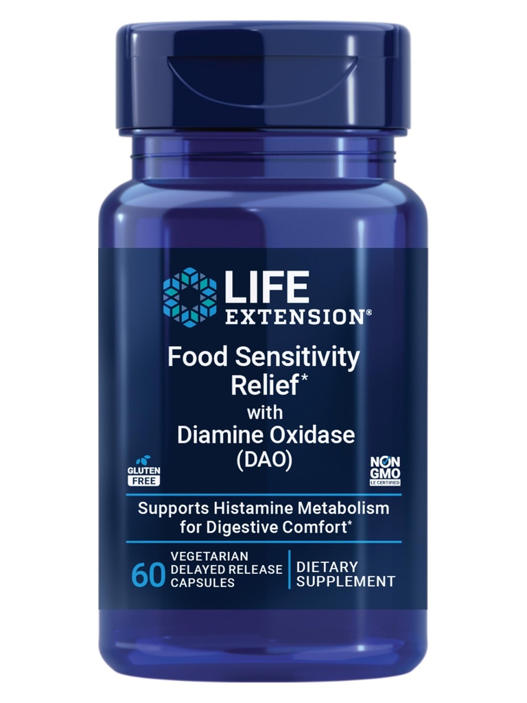 Life Extension Food Senzitivnost Relief z diamin oksidazo (DAO), občasni plin, Prebavni Comfort, histamin občutljivost, DAO Enzyme dodatek, Gluten Free, Non-GMO, Vegetarian, 60 kapsul