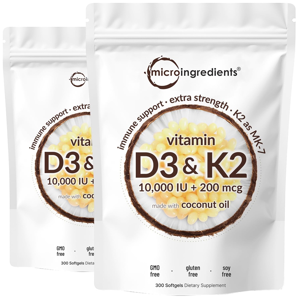 2 Pakiranje Vitamin D3 10000 iu Plus K2 (MK-7) 200 μg, 300 Deviško kokosovo olje Mehčalci 