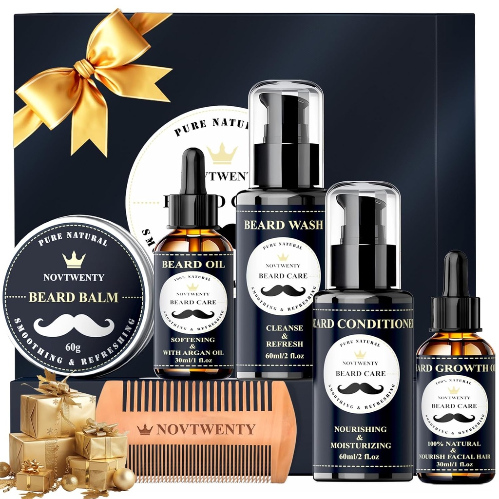Beard rastni komplet - 7 Pc Kit, vključuje pranje, olje, balzam, Comb, darilni box komplet za moške