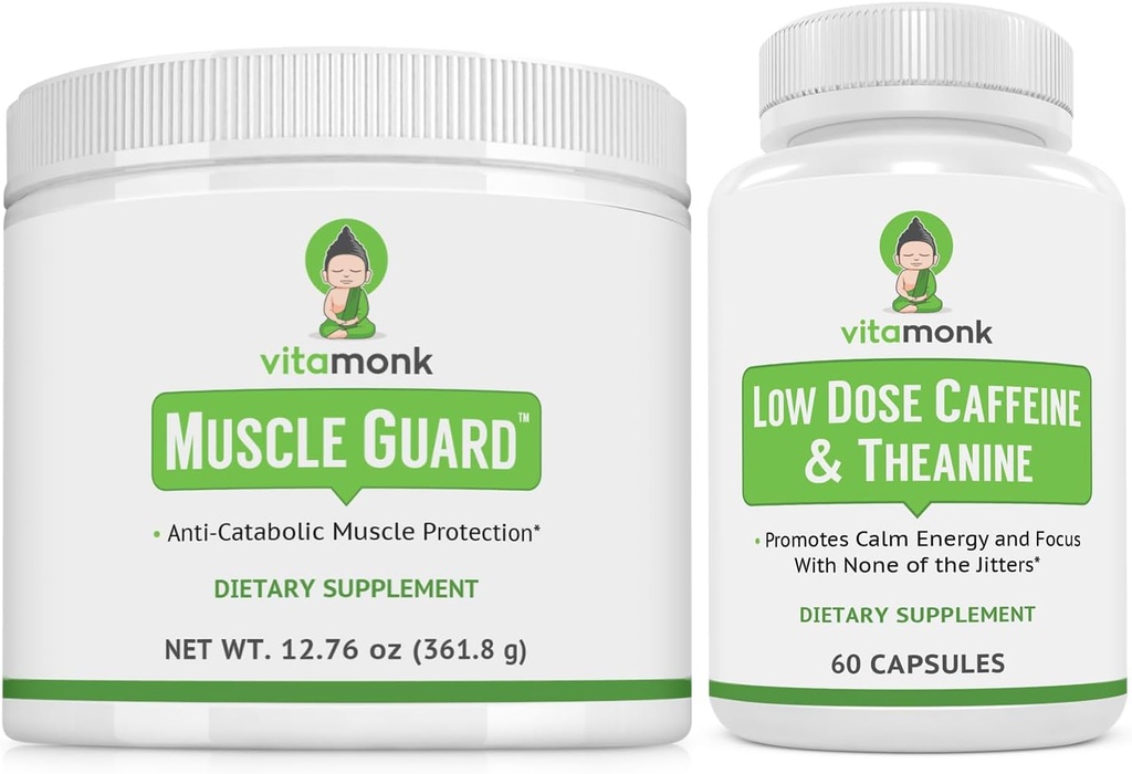 VitaMonk Muscle Guard & Nizki odmerek Kofein Bundle, HMB, EAA, Vitamin D, Magnezij za rast mišic in kofein z L-teanin, Smooth Energy Boost, Dodatki za moške in ženske, Muscle & Focus Podpora