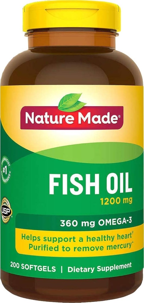 Ribje olje, narejeno iz narave 1200 Mg (360 Mg Omega-3) 200 tekoči softgels