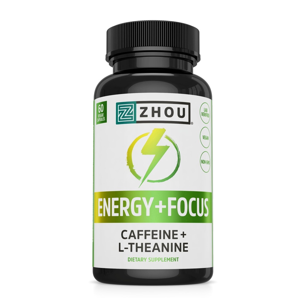 Zhou Energy + Focus - L Theanine Caffeine tablete, 200mg L-Theanine, 100mg naravni brezvodni kofein Boost za odrasle, moške in ženske, počasi podaljšana sprostitev - 60 vegetarijanske kapsule (paket po 1)