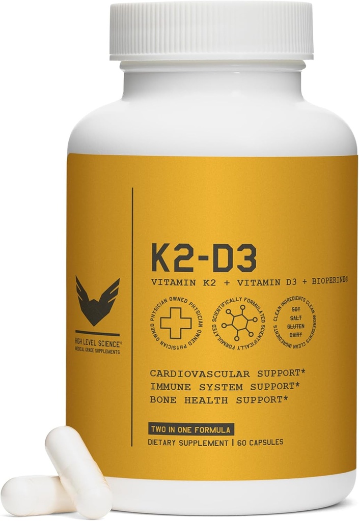 Visoka raven K2D3, vitamin K2 & D3 dodatek z bioperinsko črno papriko, dvokompleks za srce, kosti, imunske podpore, 5000 i.e. D3, 100 μg K2, vegetarijanec, 60 Veggie kapsul
