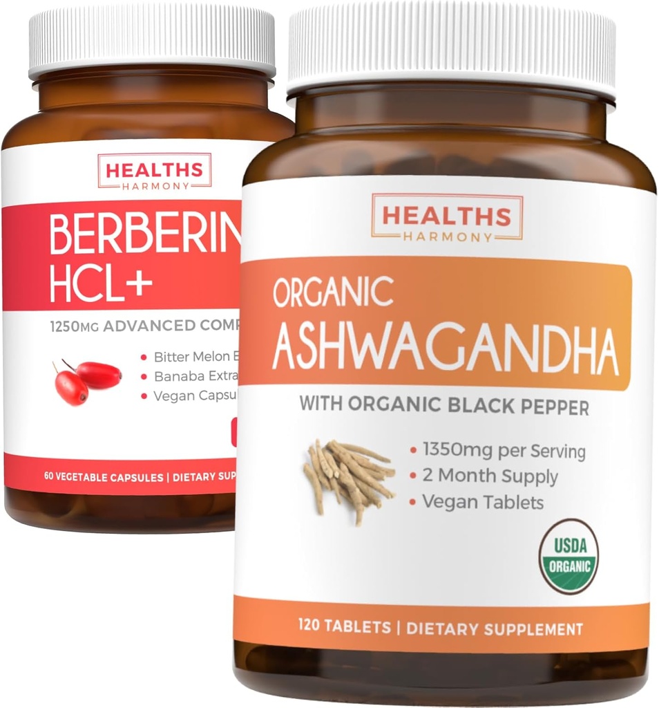 Save 4 (11% Off) - Buy Organic Ashwagandha & Berberine HCL+ - Naravni Synergy Duo - Berberine (60 kapsul) - Organski pepelwagandha Root Powder 1350mg Serve (120 tablet) Naravni nadledvična pomoč
