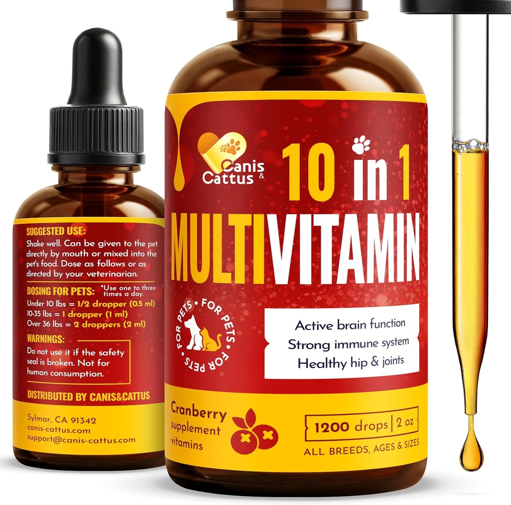 Canis&Cattus 10-in-1 Multivitaminski za pse in mačke – Dnevni glukozamin, Vitamin B, C & D3 Podpora – Tekoči dodatek z brusnico in MSM – 2 oz