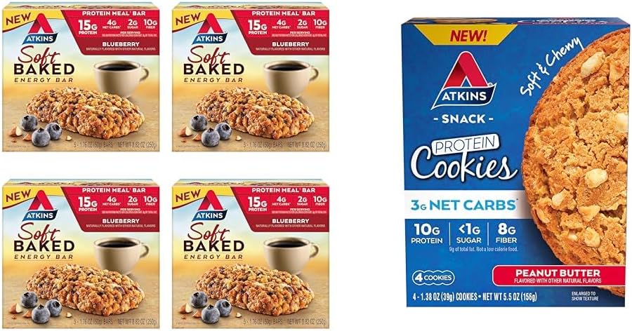 Atkins Soft Peake Energy Bars, Borovnice, 15g Beljakovine, 2g Sladkor, Odličen vir & Peanut Butter Protein Cookie, Beljakovine Desert, bogata z vlakni, 3g Net Carb, 1g Sladkor